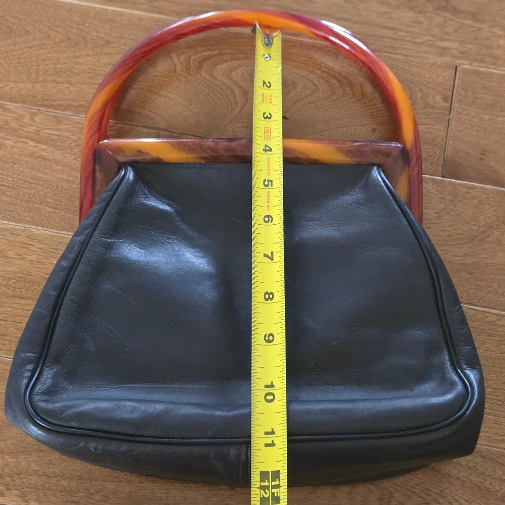 Vintage Marolin Black Leather Handbag Faux Tortoise Lucite Handle Frame MCM Bag